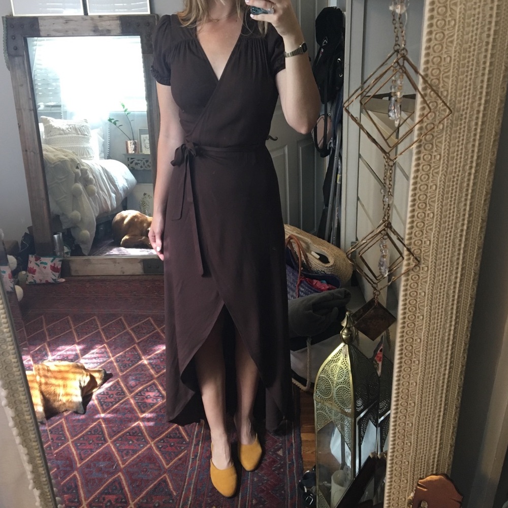 Reformation Wrap Ruffle Sleeve Dress - Brown / L